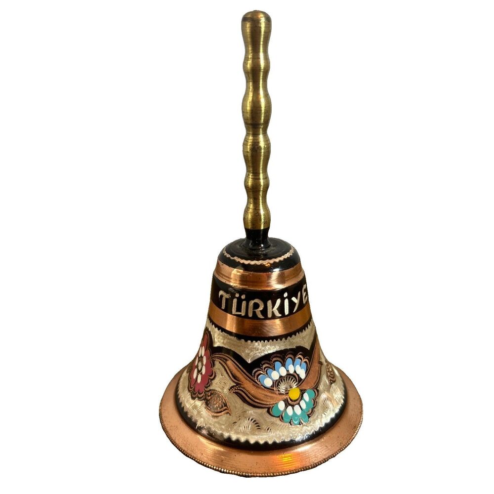 Vintage Kusadasi Turkiye Copper Brass Hand Bell Floral Souvenir 5.5” Turkey